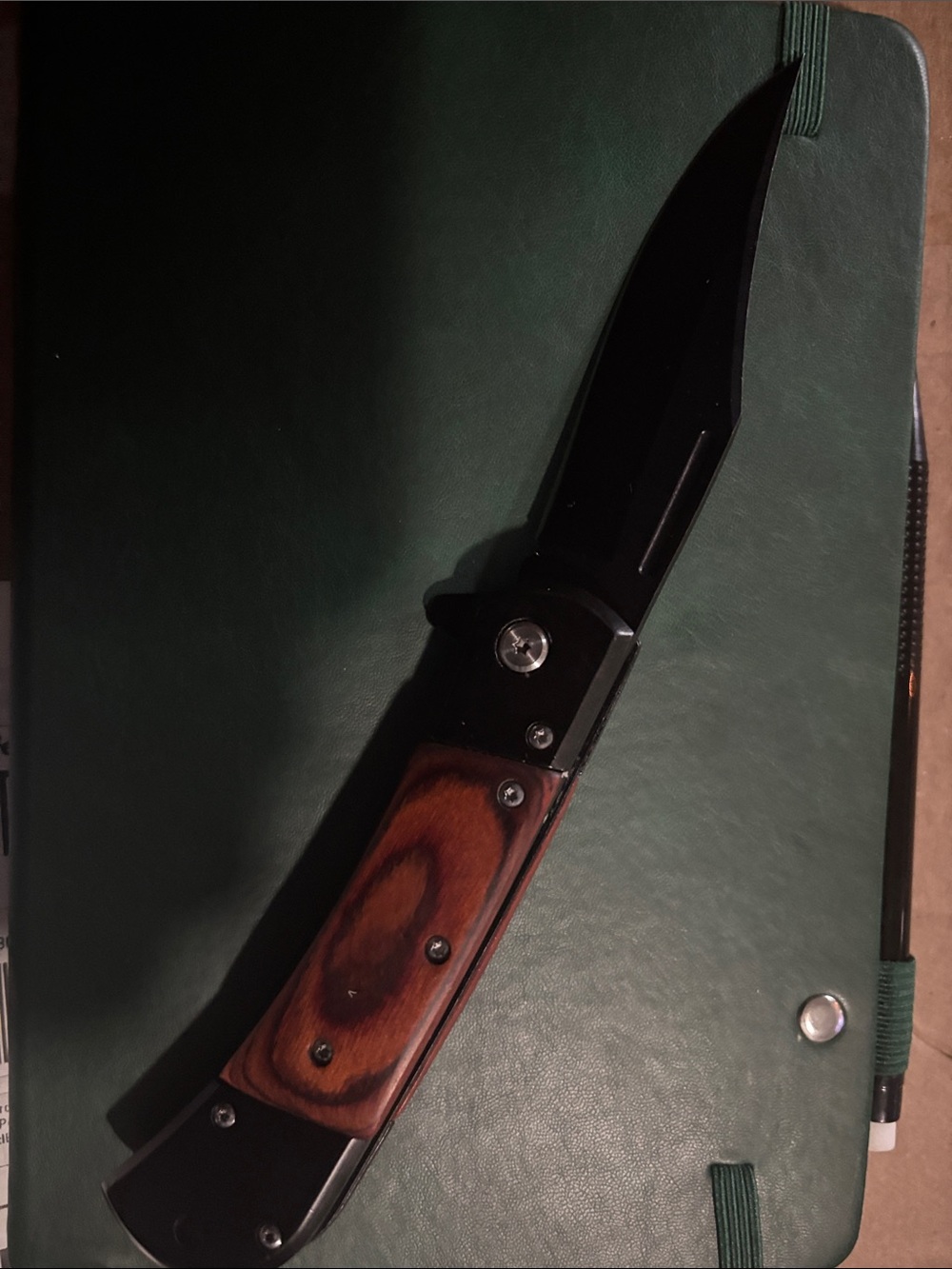 edge Black Blade Folding Knife with Brown Wood Handle